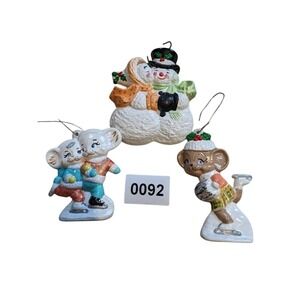 Christmas Ceramic Ornaments Mice Snowman Snowlady lot of three‎ 092